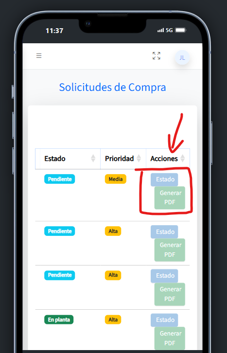 Tabla de solicitudes pendientes