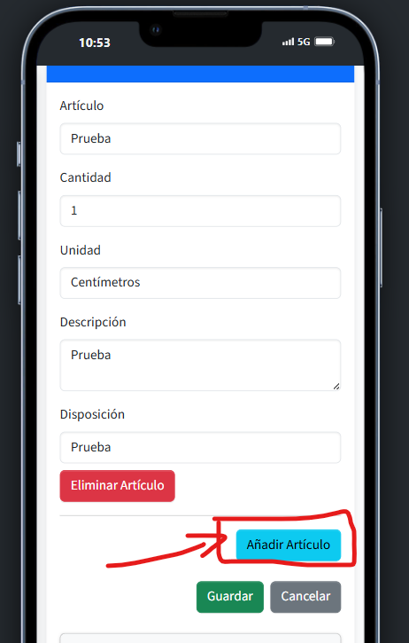 Formulario de artículos