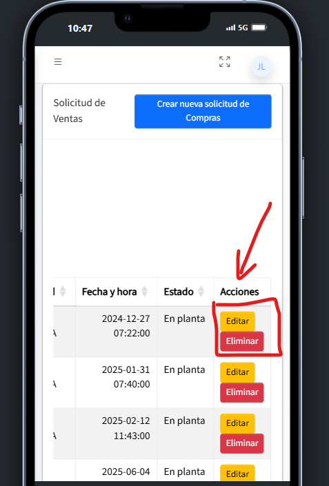 Tabla de solicitudes